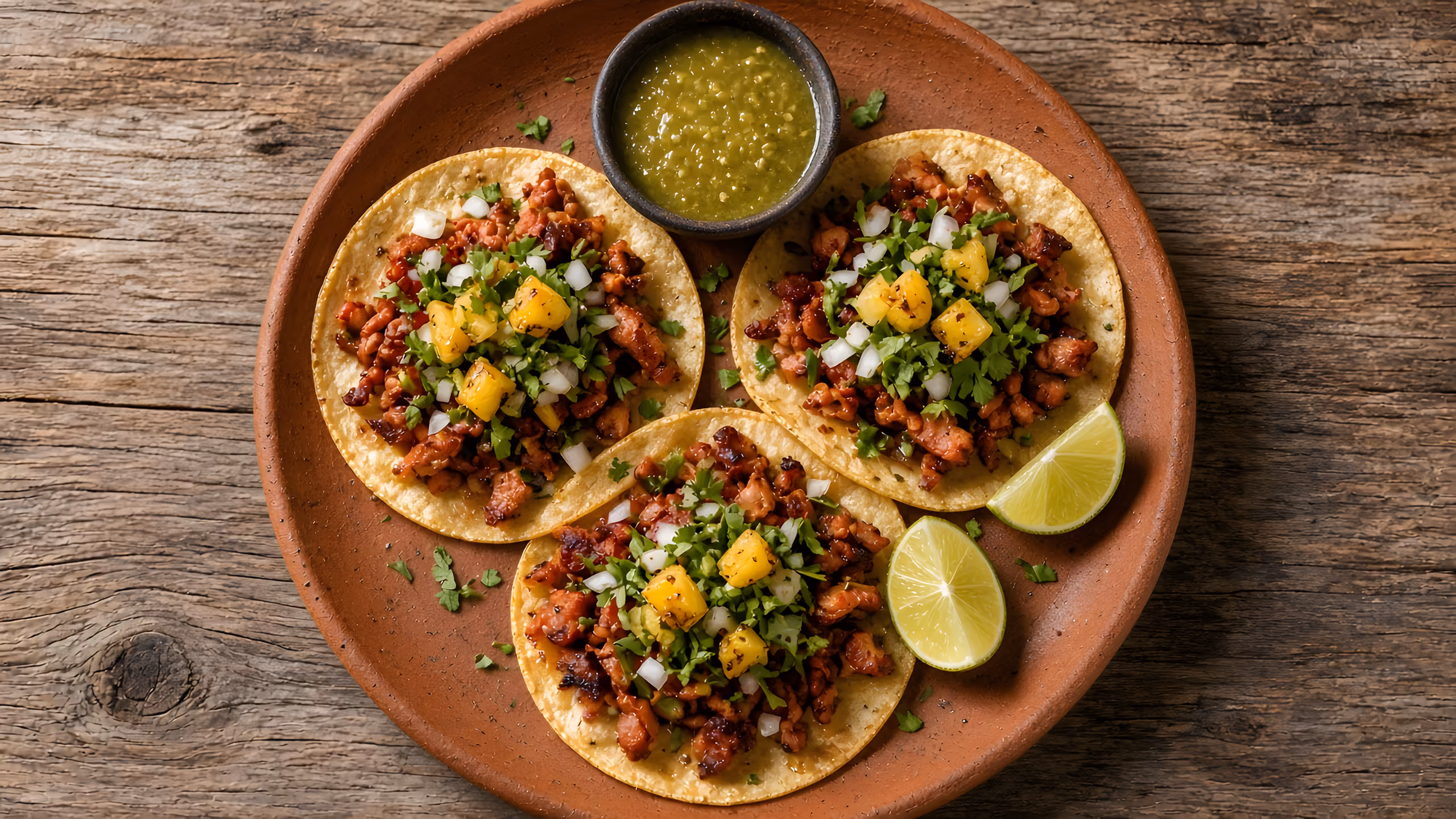 Demo sample photo: three al pastor tacos with pineapple, onion and cilantro on a clay plate, with lime and salsa verde.