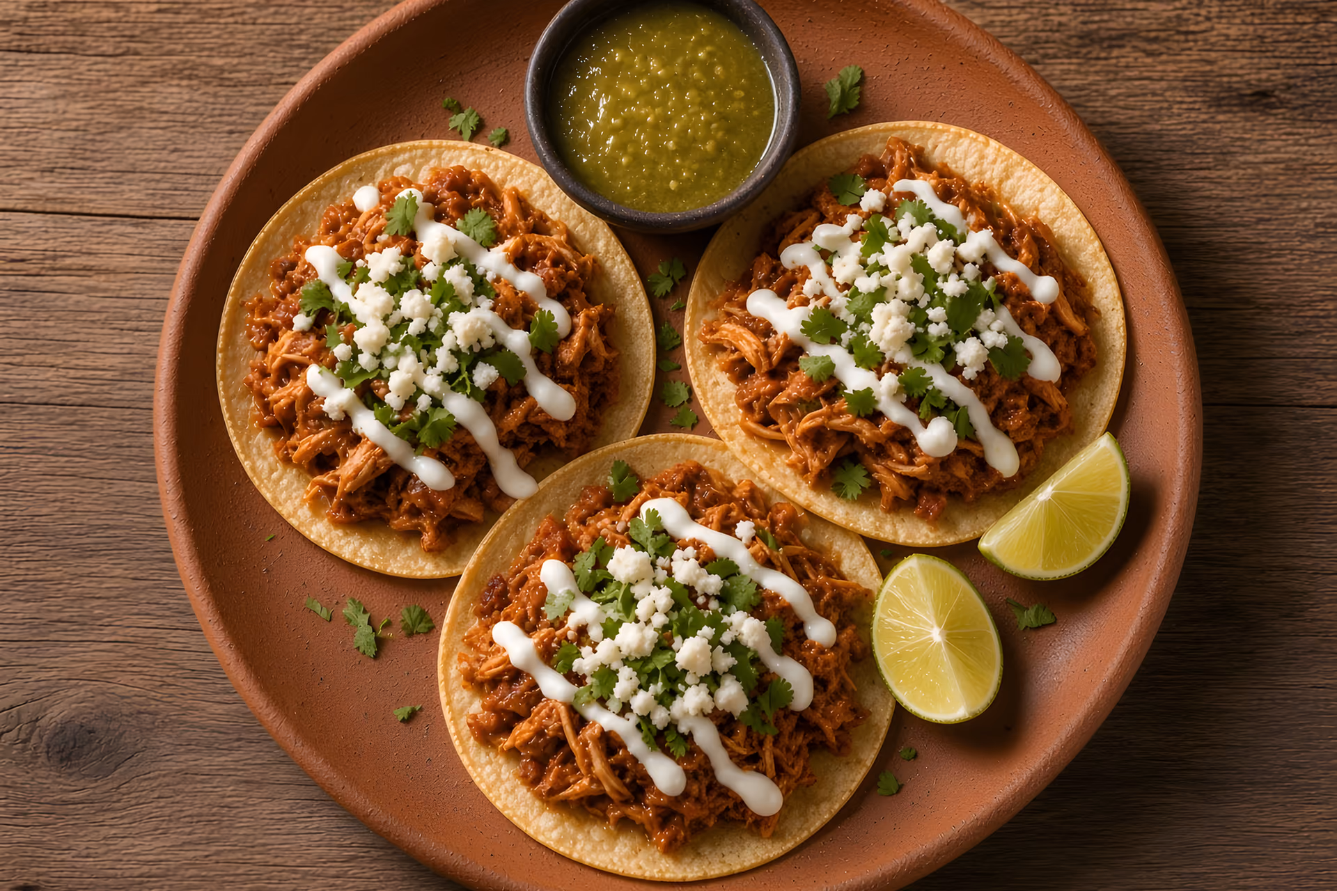 Demo sample photo: three chicken tinga tacos with crema, queso fresco and cilantro on a clay plate, with salsa verde and lime.