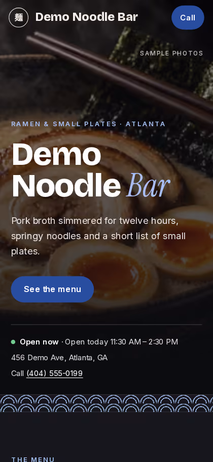 Screenshot of the sample Demo Noodle Bar page on a phone, in dark charcoal and blue, showing a different look from the taqueria