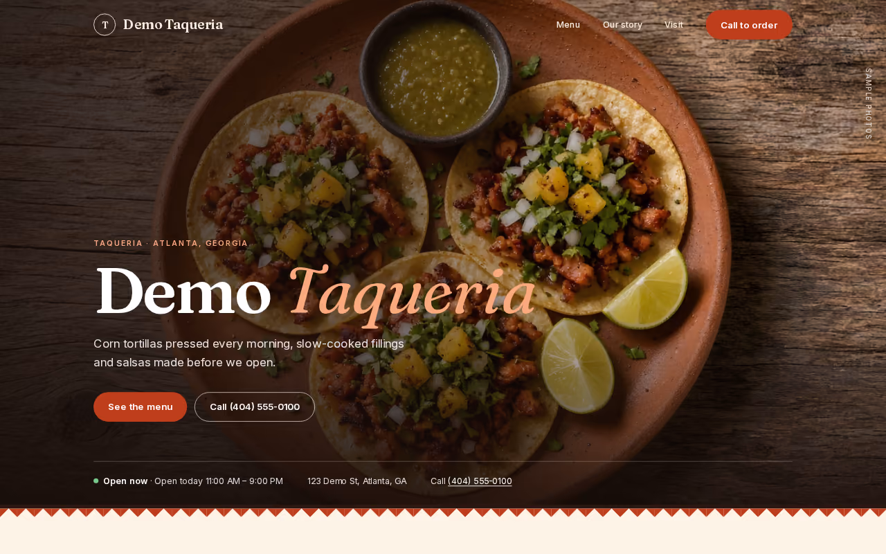 Screenshot of the sample Demo Taqueria page on a computer: a full-width taco photo, the restaurant name in large serif type and a See the menu button