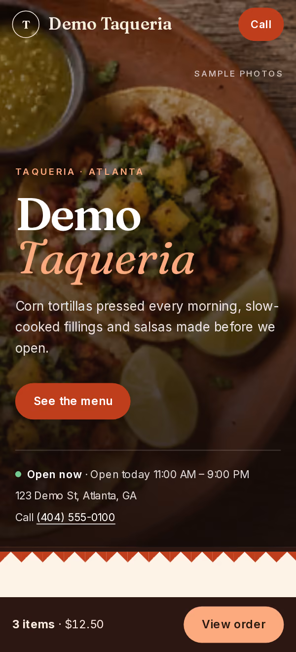 Screenshot of the sample Demo Taqueria page on a phone: tacos photo, the name Demo Taqueria, a See the menu button and a cart bar